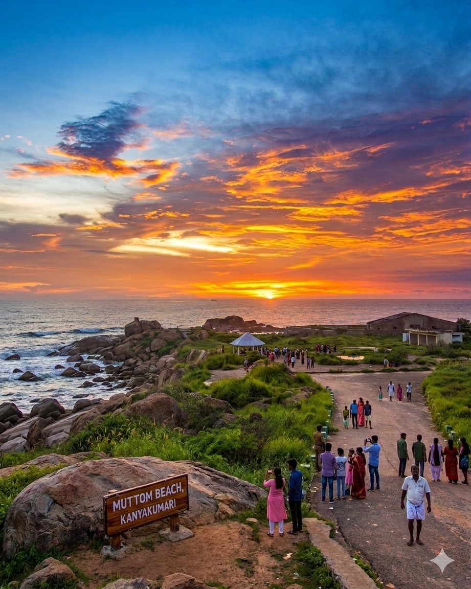 Mutton Beach (Sanguthurai) — serene sandy beach with views of Vivekananda Rock and Thiruvalluvar Statue
